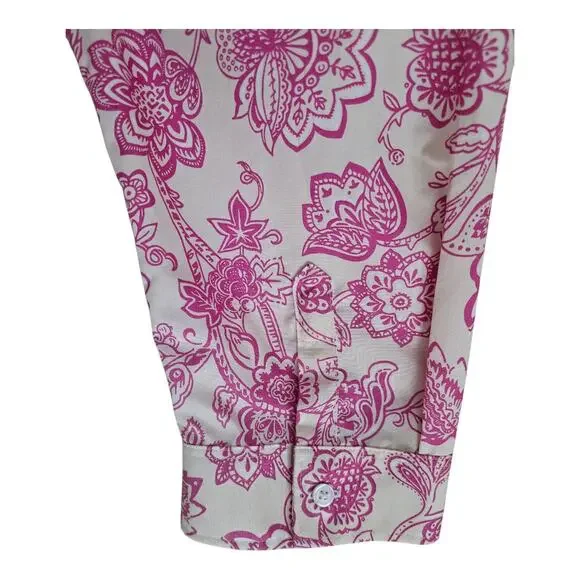 LANDS END Petite 16 16P Blouse Supima Cotton No Iron Paisley Cream Pink 46" Bust - Picture 4 of 7